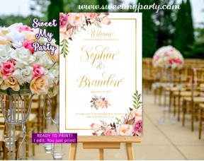 Floral Wedding Welcome Sign,Blush Gold Wedding Welcome sign,(31gw)